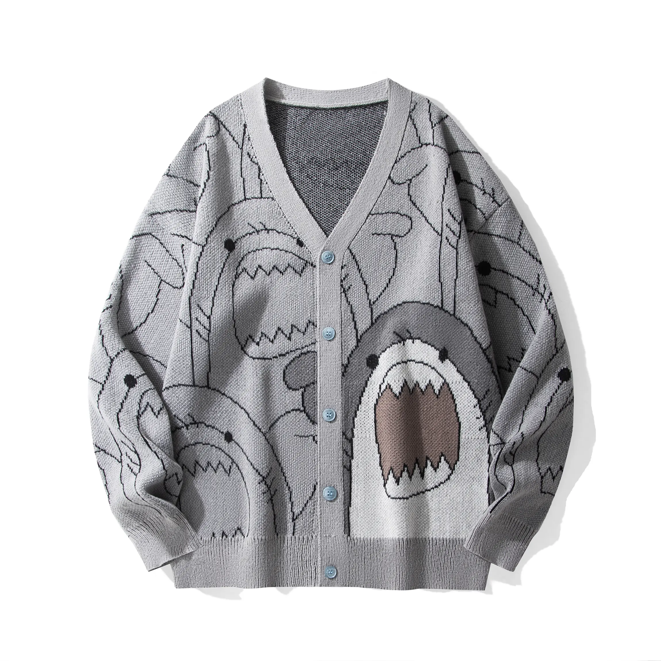 Men's Stylish Unisex V-Neck Button-Up Cardigan Pullover, Premium Soft Fabric, Playful Shark Cartoon Jacquard Knit, Loose-Fit, Comfortable Casual Daily Streetwear Knitwear Top