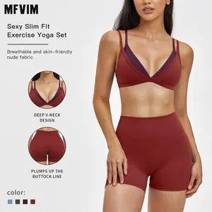 MFVIM women’s faux two-piece sports set featuring a bra top and high-waisted shorts—a casual, breathable, comfortable, seamless two-piece suitable for yoga, the gym, and running; women’s all-season activewear.