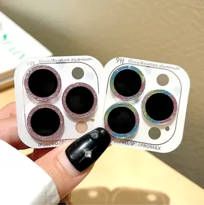 NS Promo Flash Dazzling Mobile Phone Camera Lens Glass Protector Film for iPhone 15 14 13 12 11 Pro Max Plus Mini Luxury Bling - Anti-Drop Protection Metal Transparent