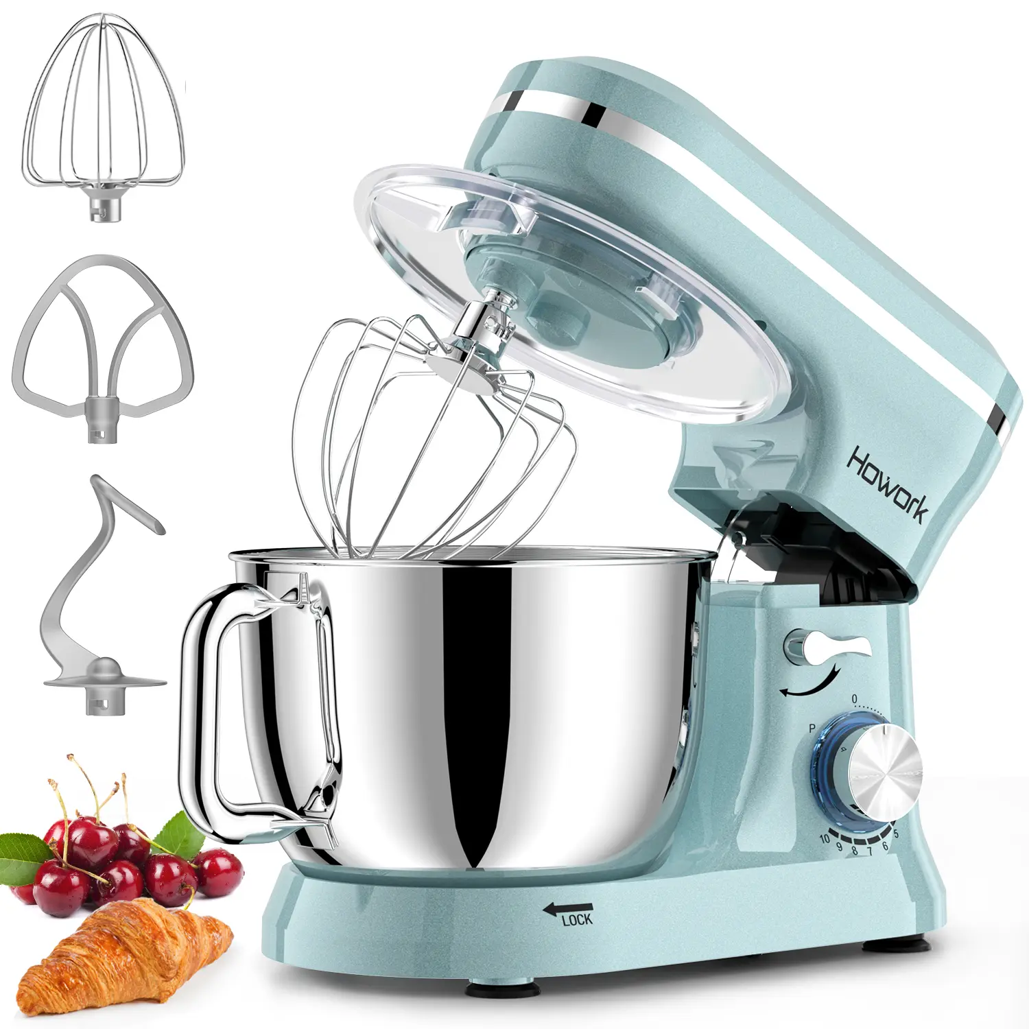 HOWORK Heavy Duty Electric Food Mixer - 10+ Speeds, 6.5-qt Stainless Steel Bowl, Efficient Performance, with Dough Hook, Wire Whip, Beater, Suction Cups, for Baking & Home Cooking