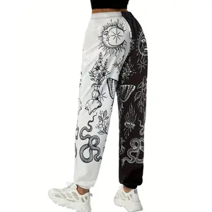 Women'sBohemianHippieJoggers-HighWaist,ColorblockGraphicPrintwithSunandMoonDesign,CasualLooseFitYogaPants,Polyester,MachineWashable-PerfectforAllSeasons