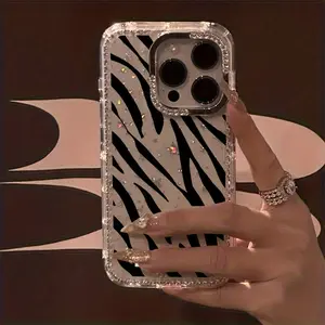 Zebra Pattern Luxury Rhinestone Fashion Phone Case, Transparent Sparkling Diamond Frame Star Case Shockproof Case, Suitable for iPhone 17 16, 15, 14, 13, 12 Plus Pro Max