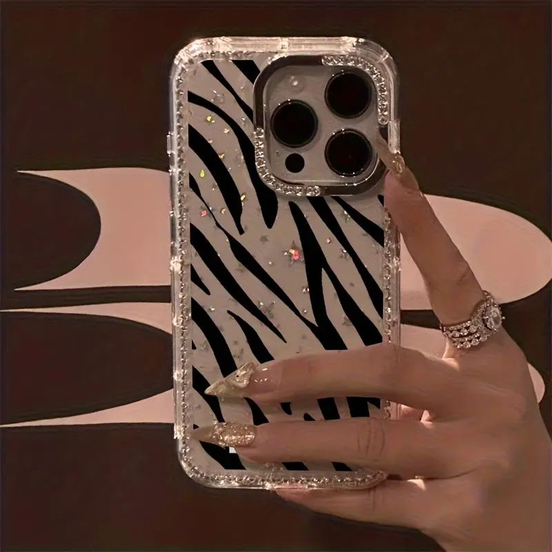Luxurious Zebra-Striped Smartphone Casing - Rhinestone-Adorned, Transparent Starry Border, Drop Protection - Compatible with iPhone 12/13/14/15/16/17 - Perfect Gift for Christmas, New Year (Cellphone Handheld Device Accessory), Devices