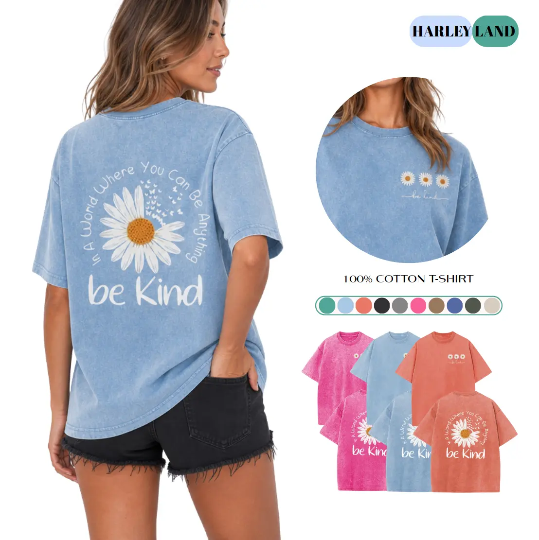 Harleyland Women's Vintage Acid Washed Short-Sleeve 100% Cotton Soft Casual Fabric T-Shirt, Oversized Baggy Retro Top with "Be Kind" Daisy Graphic (Front & Back) for Everyday Outdoor Wear, Athletic, School, Tee, Basic, 2Xl, 3Xl, All Seasons