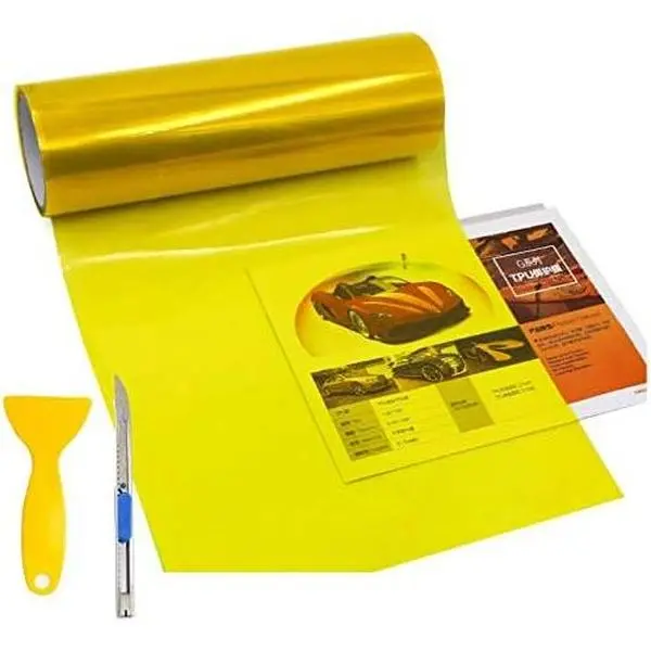 High Gloss Yellow Car Tint Vinyl Roll Sheet, 12” x 48”/12x48 in Affordable Price Replacement Film Sticker for Headlights, Tail Lights, Fog Lights, with Squeegee + Cutter for DIY Projects, 5–7 Year Wrap