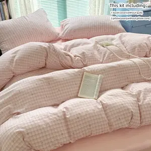 3-piece pink checkered bedding set, cute bow tie set, including 1 duvet cover and 2 pillowcases, no comforter, duvet cover comes with zipper for easy disassembly and washing, fabric is comfortable and soft, suitable for all seasons, Bedroom Bedding Set