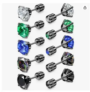 5 Pairs Titanium Screw Back Stainless Steel Stud Earrings for Women Men, Rainbow 5A Cubic Zirconia Hypoallergenic Piercing Stud for Sensitive Ears Waterproof Aesthetic Summer Vibes Daily Casual Ear Jewelry Accessories