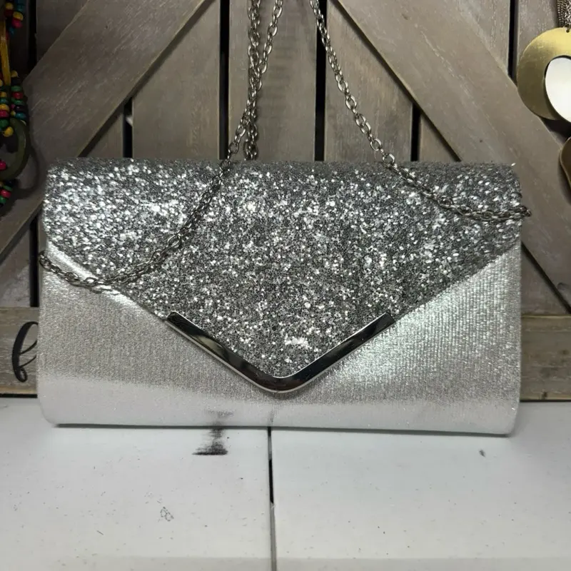 Silver Glitter Metallic Clutch with Chain Strap Magnetic Closure for Party Events