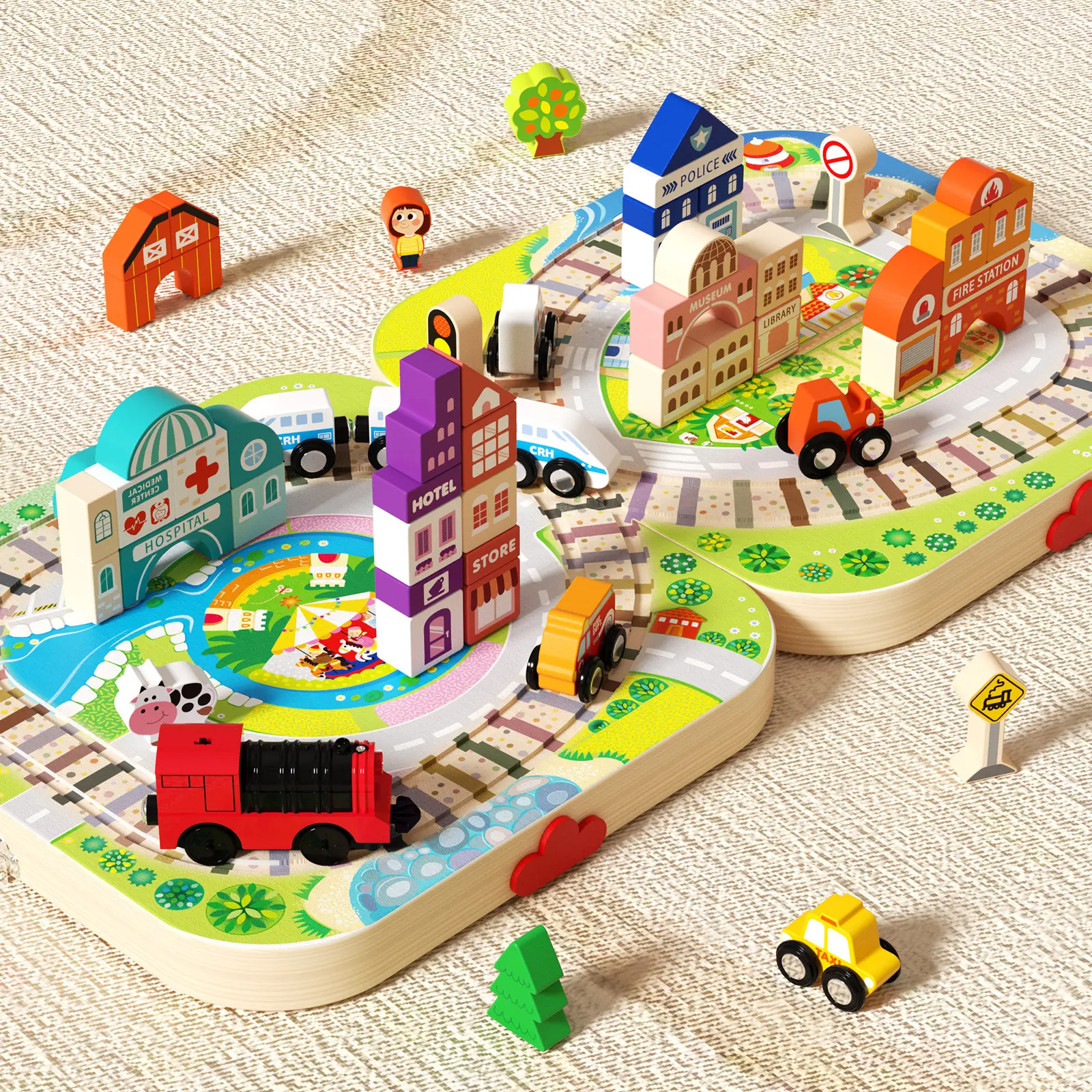 Portable Wooden Track City Blocks Set (120 Pcs) - Wooden Building Blocks & Stacking Toys for Toddlers 3-6. Ideal City Construction Set for Preschool Learning, Home Play, Creativity & Fine Motor Skills Development.