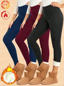 Women's Winter Fleece Lined Leggings, High Waist Warm Long Pants, Sporty Casual Daily Wear, Pack of 3, Thickened & Comfortable
