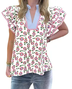 TANKANEO Women’s Floral V Neck Flutter Sleeve Blouse, Loose Fit Summer Casual Top