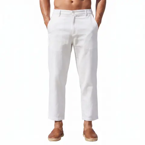 Coofandy Men's Plain Hawaiian Cotton-Linen-Rayon Pants, Elastic Waist Lightweight Relaxed Fit Cropped Men's Clothing Bottoms, Pull-On with Slanted Pockets Belt Loops Soft Breathable Fabric for Outdoors Yoga
