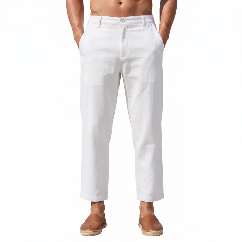 Coofandy Men's Plain Hawaiian Cotton-Linen-Rayon Pants, Elastic Waist Lightweight Relaxed Fit Cropped Men's Clothing Bottoms, Pull-On with Slanted Pockets Belt Loops Soft Breathable Fabric for Outdoors Yoga