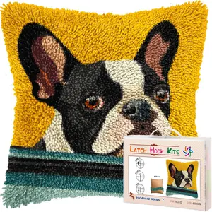 DIY Latch Hook Pillow Kits for Adults Cute Boston Terrier Dog in Car Printed Pillowcase Crochet Yarns Handmade Pillow Cover Cushion for Home Sofa Decoration 17x17inch