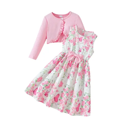 Girls' 2-Piece Dress Set - Sweet Floral Butterfly Print A-Line Dress and Long Sleeve Ruffle Trim Cardigan with Bow, 1 Cardigan Little Girl Dress
