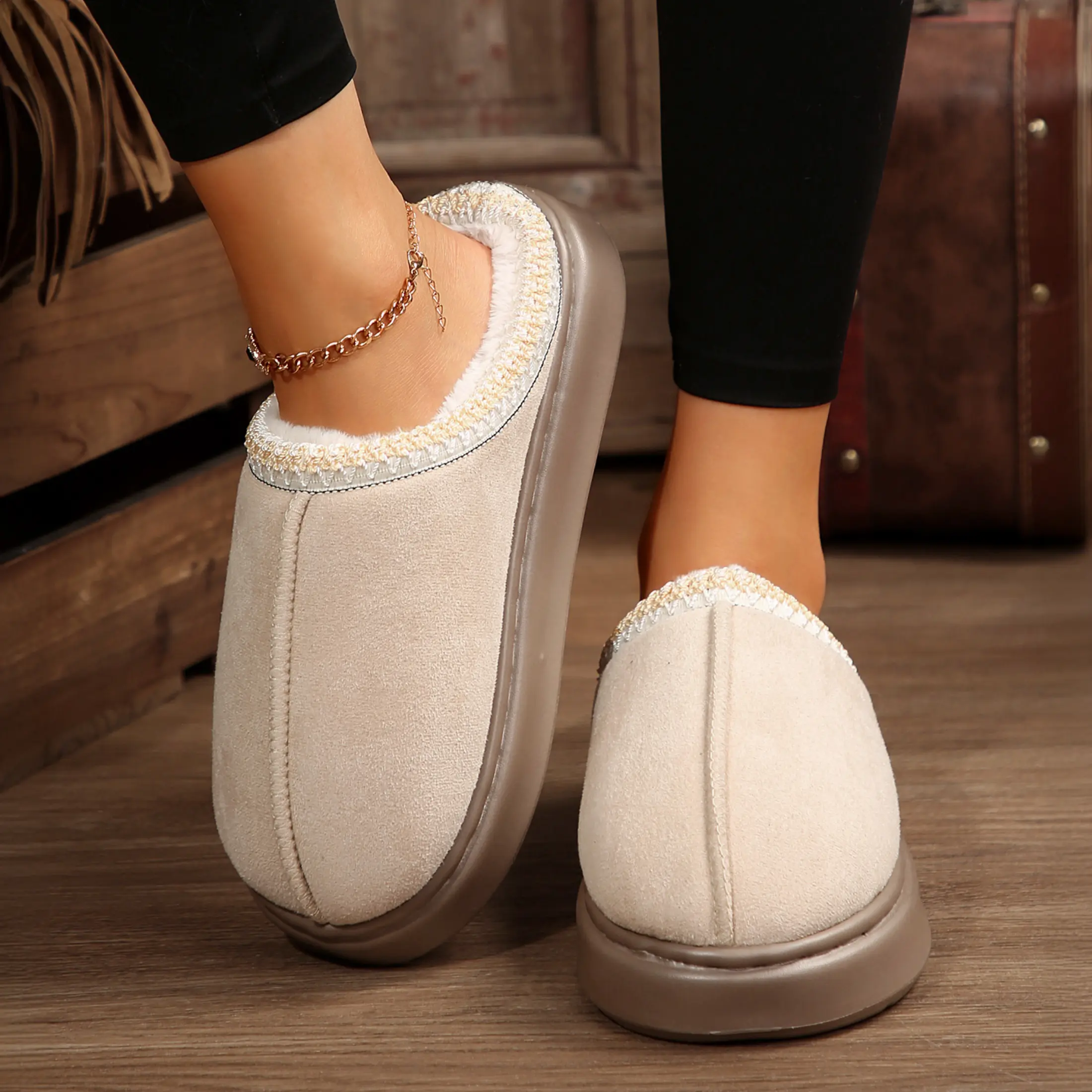 Women's Slippers Platform Warm Fuzzy Fleece Lined Suede Short Ankle Mini Snow  Boots Indoor Outdoor Shoes House Slides