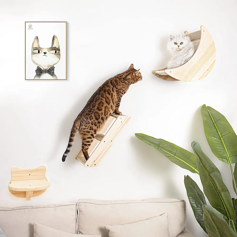 Wall-Mounted Cat Hammock Climbing Frame 3-Piece Set - Solid Wood Moon-Shaped Hammock, Solid Wood Steps, Indoor Cat Activity & Rest Pet Furniture for Home #SummerSale