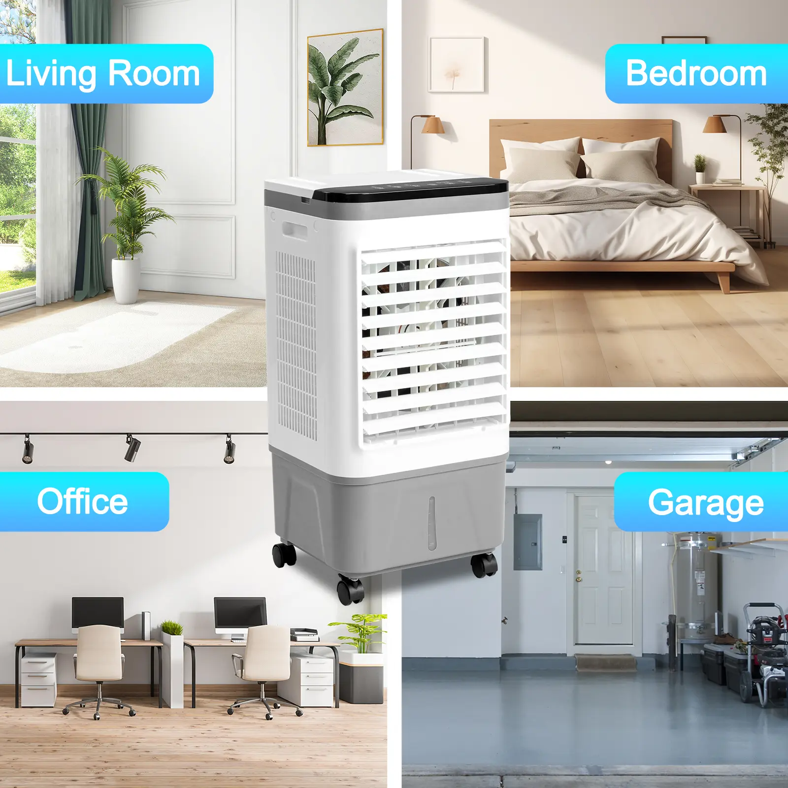 3-in-1 Gray and White Portable Evaporative Cooler - 110V, 720R Copper Motor, 461CFM Flow, 5.28 Gal Water Tank, 4 Ice Packs, 12H Timer, Remote Control, Scroll Casters, Cool & Humidify for Store, Gym Room, Living Room, Movie Night Use, Garage