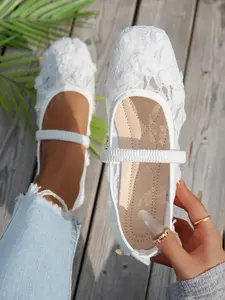 Women's Floral Knit Embroidered Lace-Up Mary Jane Flats, Breathable Flats, Square Toe Slip-On Casual Shoes, Textile Upper Rubber Sole, Comfortable Ballet Style Sneakers