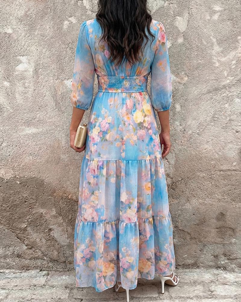 ChicMe Women's Watercolor Floral V-Neck Shirred High Waist Maxi Dress Three Quarters Lantern Sleeve A-Line Ruffle Hem Chiffon Vacation Dress/Summer Dress ChicMe Women's Watercolor Floral V-Neck Shirred High Waist Maxi Dress Three Quarters Lantern Sleeve A-Line Ruffle Hem Chiffon Vacation Dress/Summer Dress