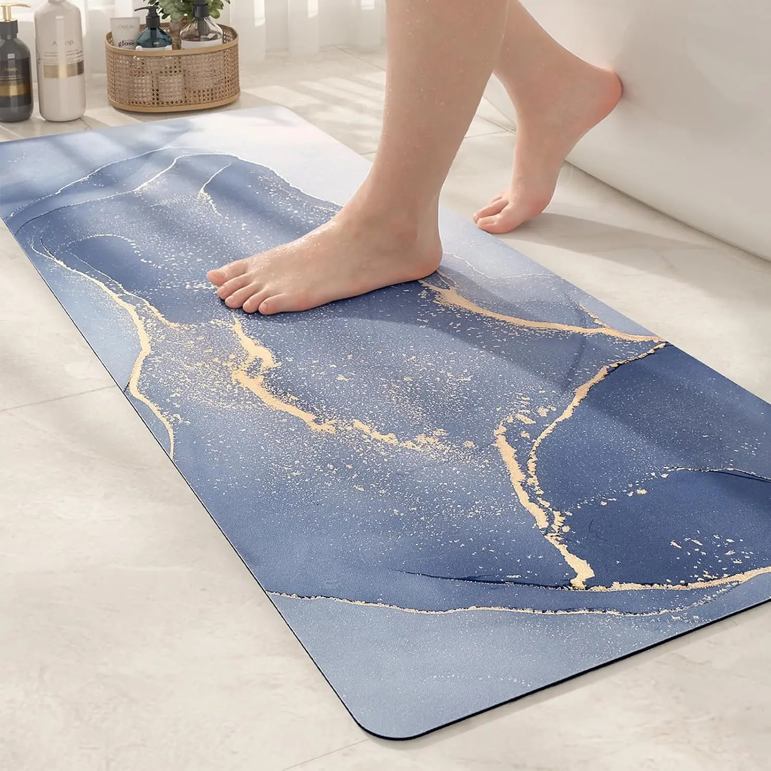Color & Geometry Ultra-Thin Non-Slip Bathroom Runner Rug, Super Absorbent Fast Drying Easy-to-Clean Marble Blue Bath Mat