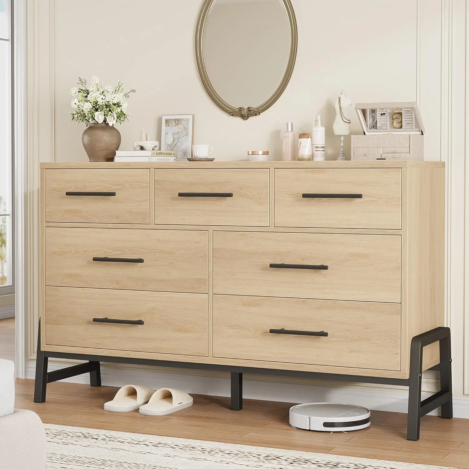 Sturdy 7-Drawer Modern MDF Wood Dresser - 52-in Wide Freestanding Storage Chest with Deep Drawers, Legged Base, Anti-Tip Safe Design for Bedroom, Living Room, Drawer Organization