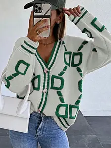 Women's Casual Chic Colorblock Geometric Knit Cardigan, V Neck Single Button Loose Fit, Spring & Fall Fashion Outerwear
