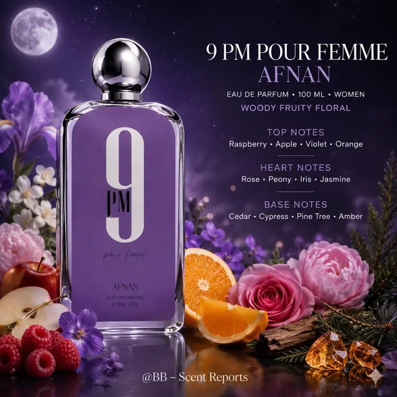 AFNAN 9 PM Pour Femme Eau de Parfum 100 ML for Women Woody Fruity Floral Fragrance with Raspberry Apple Violet Orange Top Notes