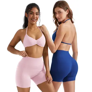 OMKAGI Halter Sports Bras for Women Padded Strappy Bra Open Back Workout Gym Crop