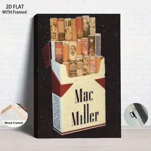 1Pcs Framed 2D Flat Mac Miller Themed Canvas Wooden Wall Art with Frame Vintage Cigarette Box Design Music Poster Print for Living Room Bedroom Home Decor Modern Artwork Gift for Fans High Quality Printed