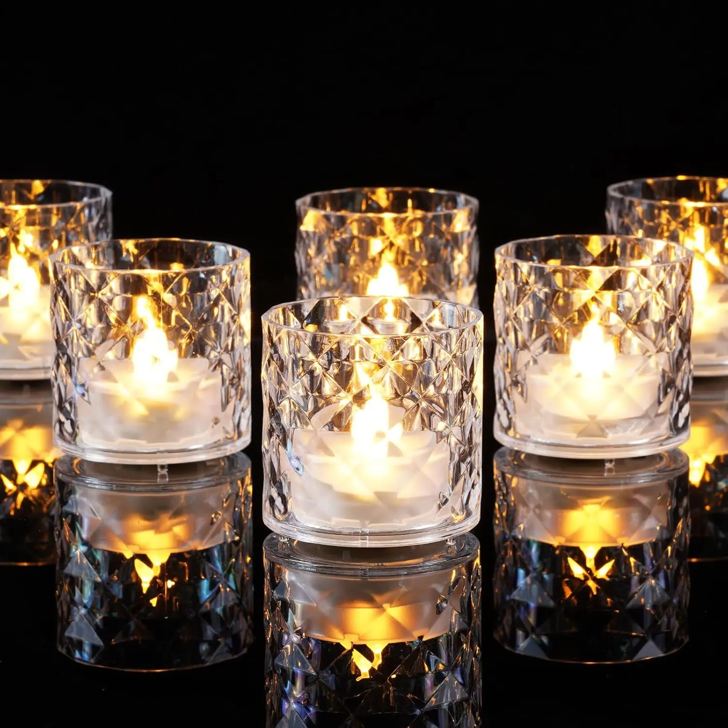 Homemory 2" x 2" Acrylic Votive Candle Holders with Auto Timer Flameless Led Tealight,mothersdaygift Battery Powered Fake Electric Candles for Wedding Centerpiece, Table, Christmas Decor (12Pack, Clear Base)Summer Sale Deals