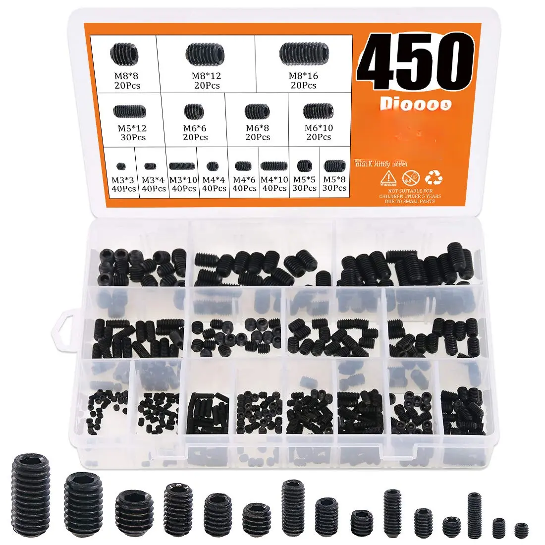 450 count M3/M4/M5/M6/M8 Allen  Socket Hex Grub Screw Set Assortment Kit with Internal Hex Drive - 12.9 Class Black Alloy Steel