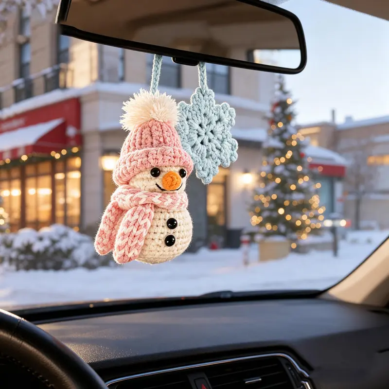 Crochet Snowman & Snowflake Rear View Mirror Hanging Car Charm Handmade Cute Winter Christmas Holiday Season Ornament Amigurumi, Car Decorations, Cute Car Accessories