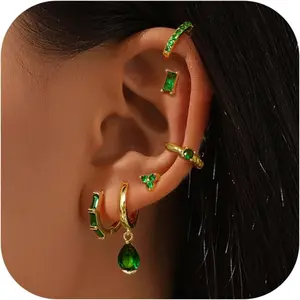 Sanfenly 6 Pairs 14K Gold Plated Emerald Green Hoop Earrings Dainty Small Hoops for Women Multiple Piercings Jewelry Set