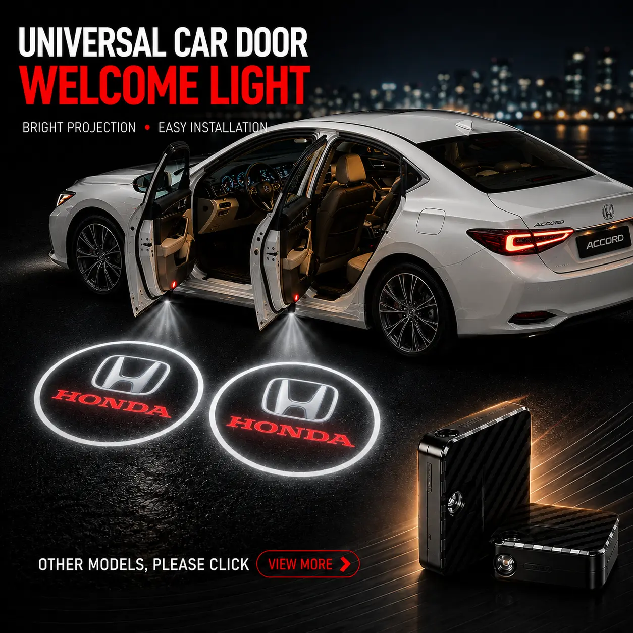 2 Pack Honda Logo Wireless LED Car Door Projector Lights, HD Welcome Ghost Shadow Puddle Lamps, Magnetic Sensor No Drill Easy Install Courtesy Lights Fit CR-V Civic Accord Pilot Ridgeline HR-V SUV Truck Upgrade Auto Interior Mod Accessories