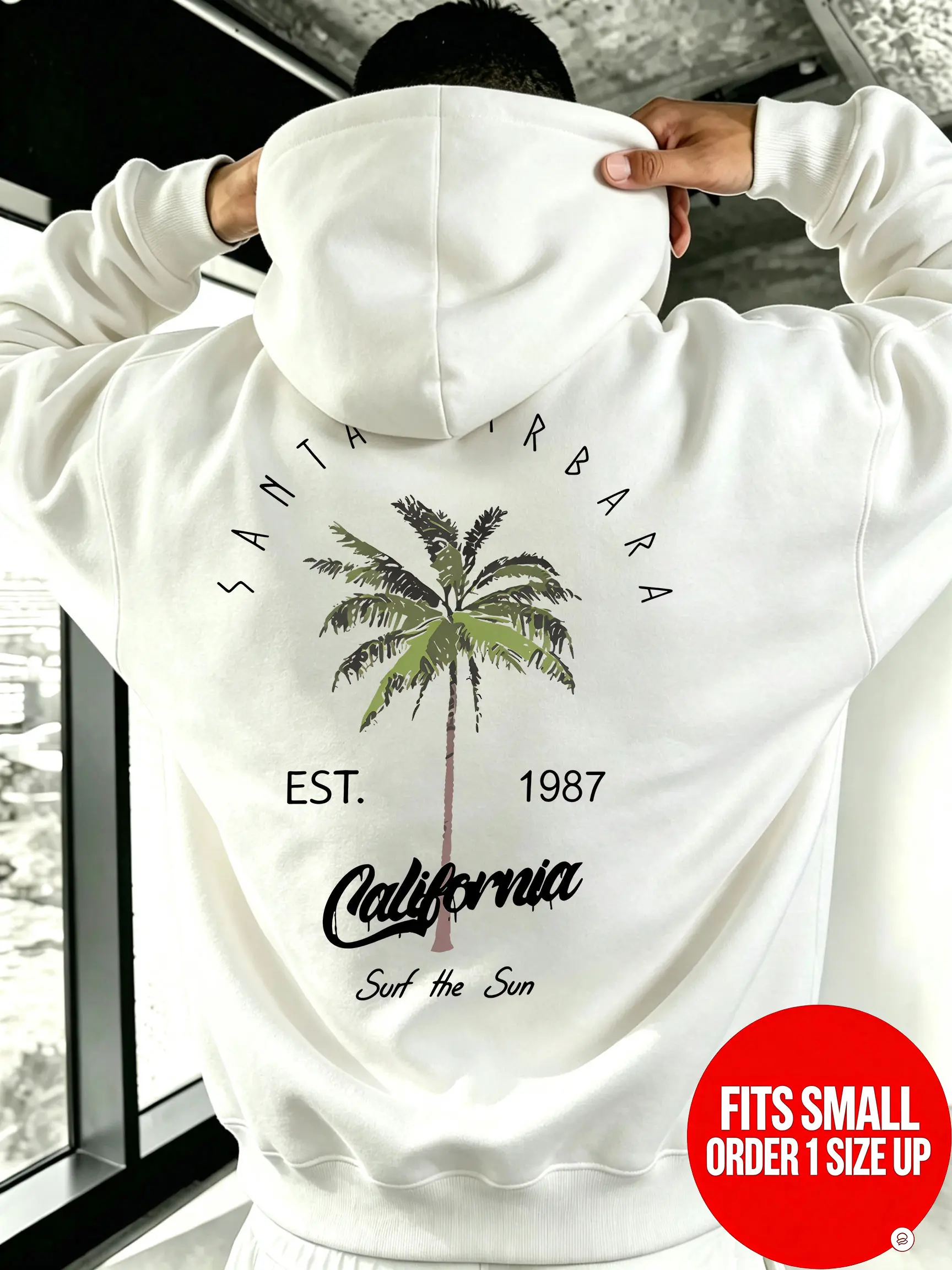 California Santa Barbara Coconut Tree double-sided print hoodie EST.1987 American West Coast surfing oversized sweatshirt 【Runs small, order one size up】