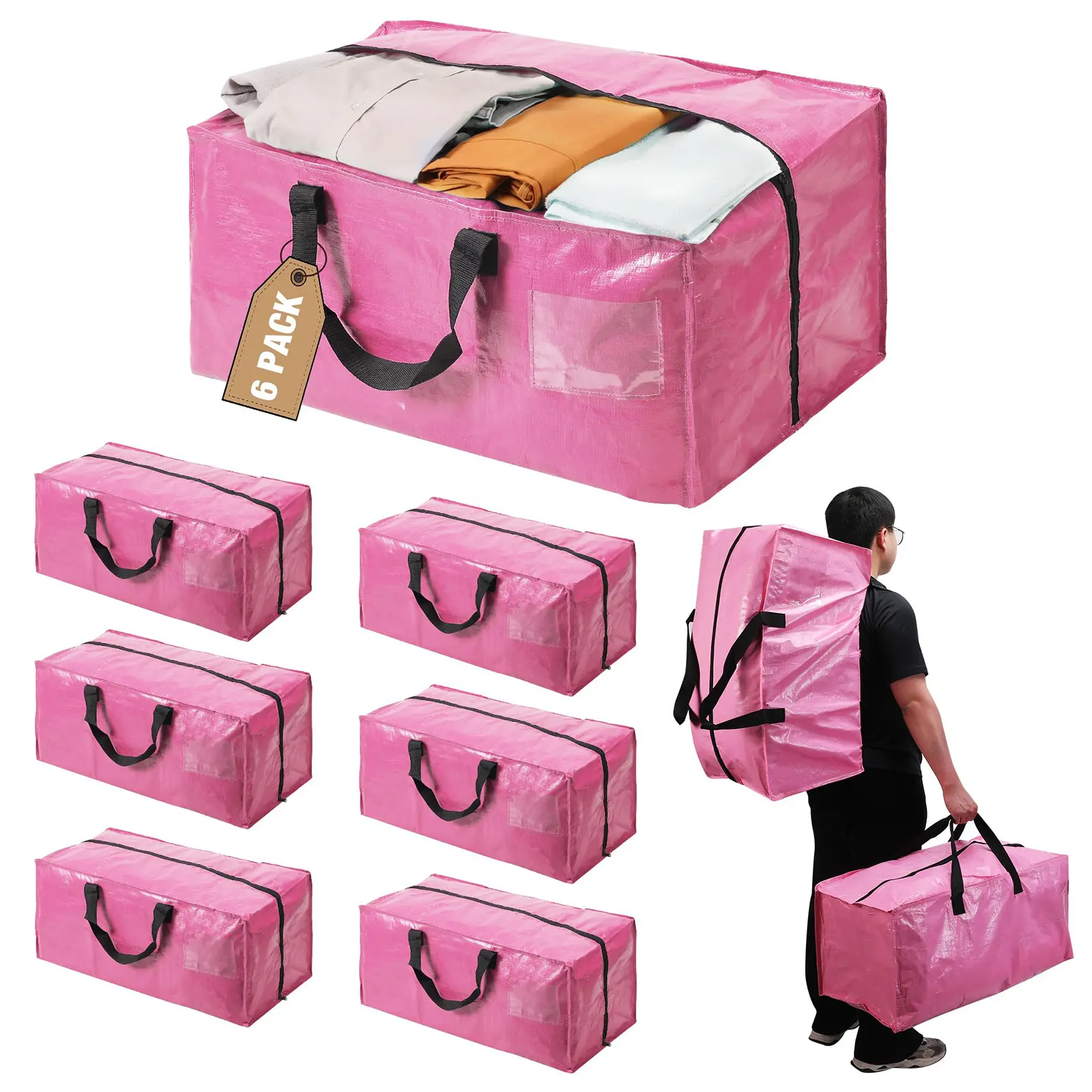 6 Pack Extra Large Moving Bags with Zippers & Carrying Handles Backpack Straps, Heavy-Duty Storage Tote for Space Saving Moving Storage