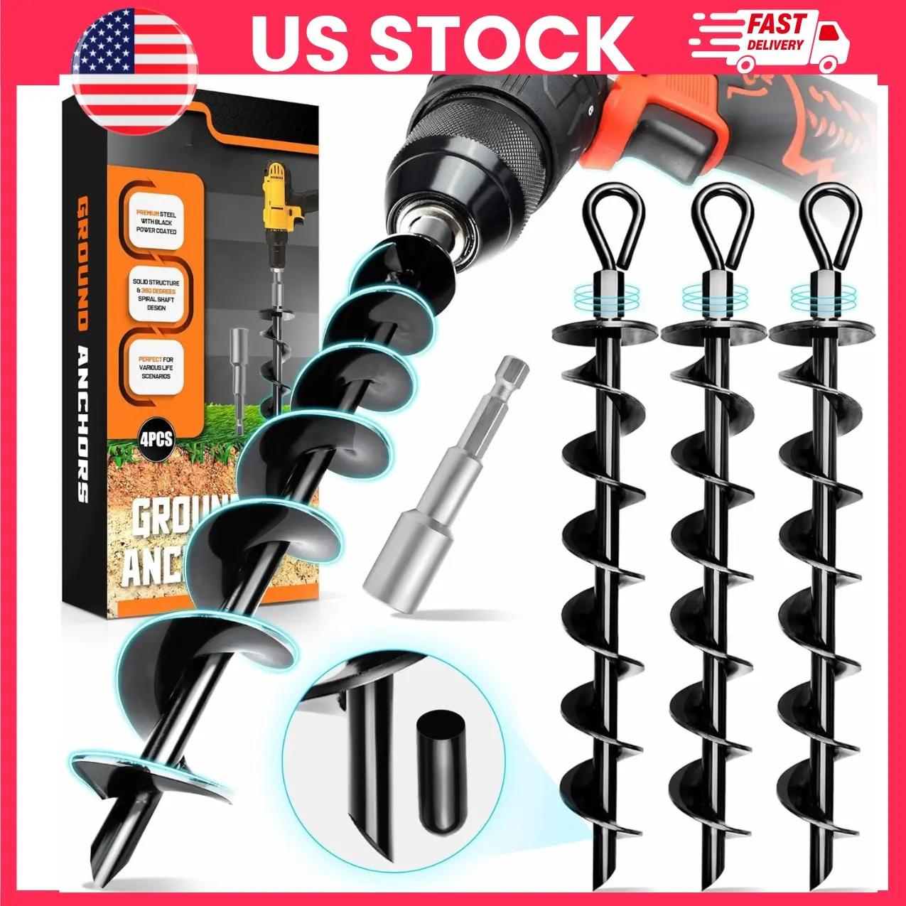 4 Pack Heavy Duty Ground Anchors with Drill Bit, 15 Inch Spiral Screw-In Earth Anchors for Trampoline, Swing Set, Tent, Canopy, Shed, Fence, Carport, Camping & Outdoor Tie Down Kit | gazebo anchors, camping stakes, playset anchors, heavy duty stakes