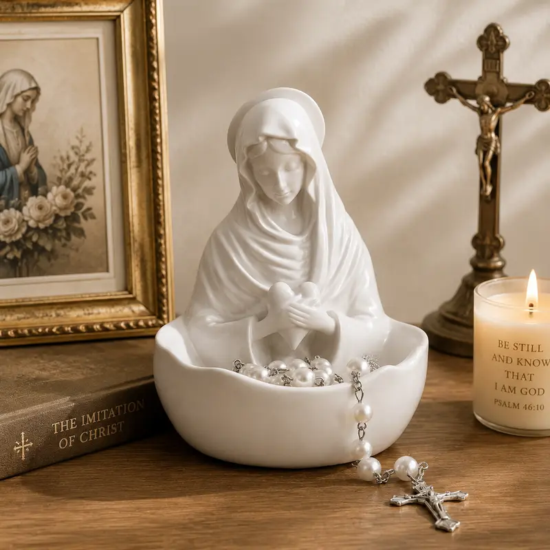4.72-Inch Resin Rosary Holder Mary Statue, Plain Ornate Religious Decorations, Religious Ornaments, Desk Home Decor Gift for Women, Baptism Souvenir