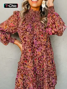 Elegant Bohemian Ditsy Floral Long Sleeve High Neck Ruched Dress, Spring & Fall Fashion Style, Loose Fit Short Dress, Hotapei Women's Clothing Chic Womenswear
