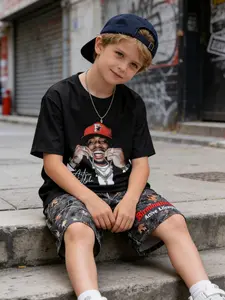 Boys Street Style Hip Hop Rapper Print T-Shirt Set with Camo Shorts, Casual Sports Leisure, Youth Fashion Clothing