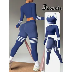 Three-piece Set for Women, Seamless, Fashionable Striped Color-blocking, Sports Bra with Long Sleeves and Long Pants. High Elasticity, Skin-friendly, Nude Feel, Moisture-wicking, Quick-drying Fabric. Suitable for Sports, Fitness, Outdoor Running, and