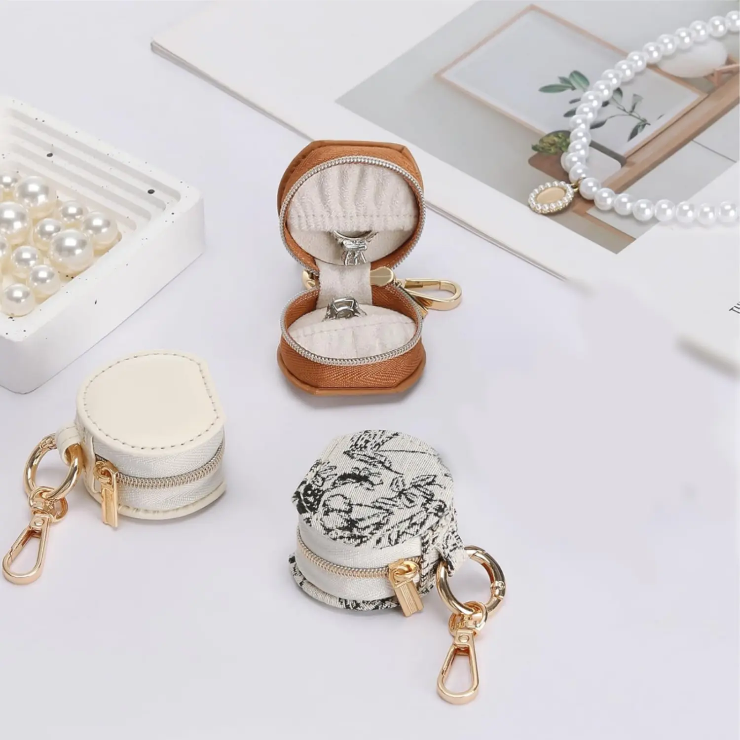 3Pcs Leather Lightweight Jewelry Ring Holder Keychains with Smooth Zipper Storage Pocket, Snap Closure 5x5cm Boxes - Portable Rock Climbing Beach Travel Keeper, Mini Versatile Home Improvement Organizer - Mother’s Day Gift for Moms