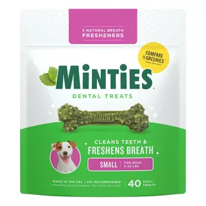 Minties Dog Dental Bone Treats, Small/Medium/Large Dental Dog Treats, 5/10/16/32/48 Ounces, Cleans Teeth, Fight Bad Breath, Removes Plaque and Tartar, 40/80/120 Count.