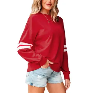 Shewin Women's Lady 2026 Spring Cotton Fashion Oversized Round Neck Long Sleeve Striped Loose-Fitting Contrast Piece Pullover, Soft Durable Style Casual Daily Layering Top