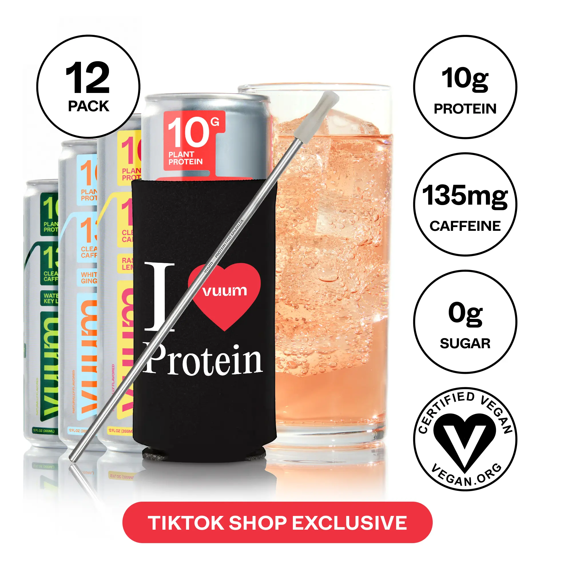 Drink Vuum Sparkling Protein Drink Variety Pack 12-Pack + Koozie & Straw Bundle