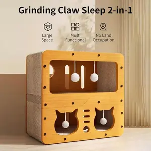 2 in 1 House & Scratch Board, 1 Set Wooden Bed with Scratcher, Durable Double Layer Bed, Pet Furniture for Indoor Spacious cool  stuff cozy  bed  scratcher indoor  accessories  toys  accessories cat stand