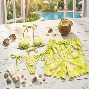 [Hot Summer 2026] - Lime Plumeria Flower Couple Set, Matching Bikini & Men Shorts Tropical Beach Design