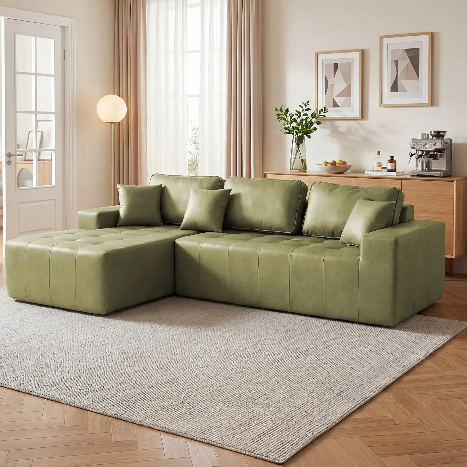 L-Shaped Corner Chaise Sectional Sofa with High-Density Sponge Cushions, Faux Leather Upholstery, No Assembly Required, Convertible Sofa Bed for Living Room, Apartment, Guest Room, Green 4-Seat