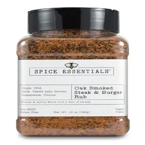 Raw Essentials Texas Oak Smoked Steak and Burger Rub - Robust, Savory, and Peppery Blend - Vegan, Paleo, Gluten-Free, Non-GMO - 12 Ounce Bottle